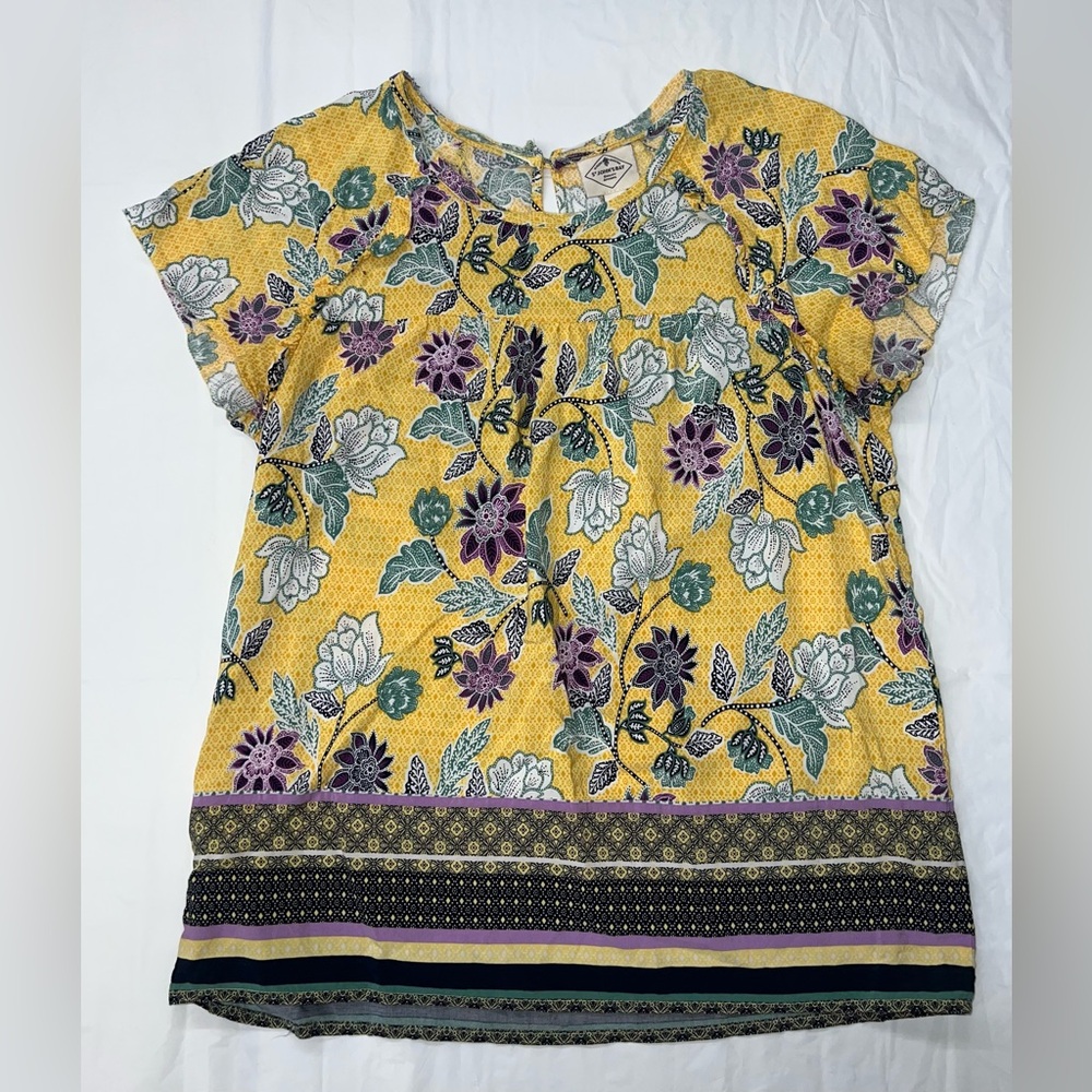 St Johns Bay Women’s Medium Yellow Floral Rayon Short Sleeve Blouse